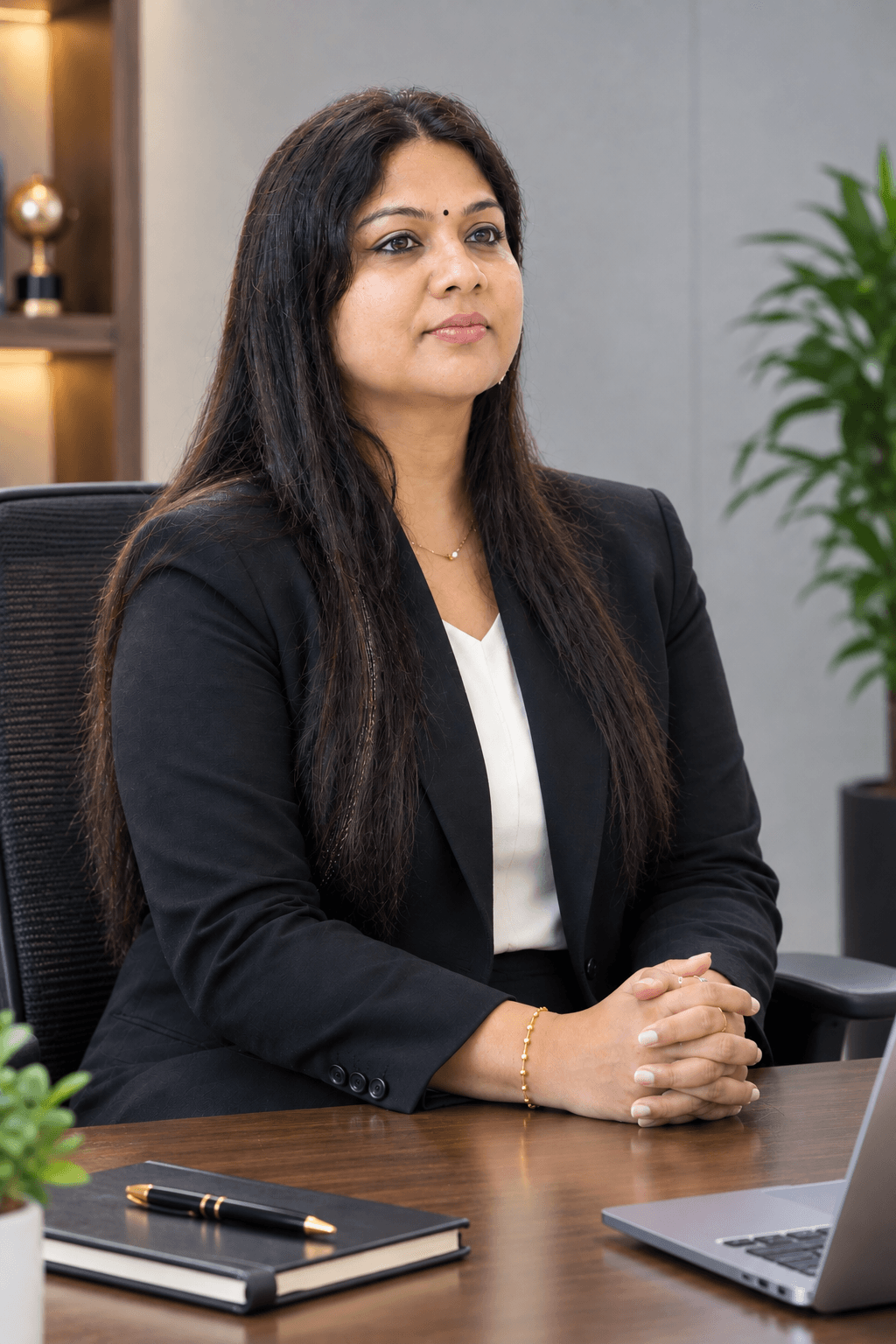 Pushpavalli seated at her desk in a black jacket.