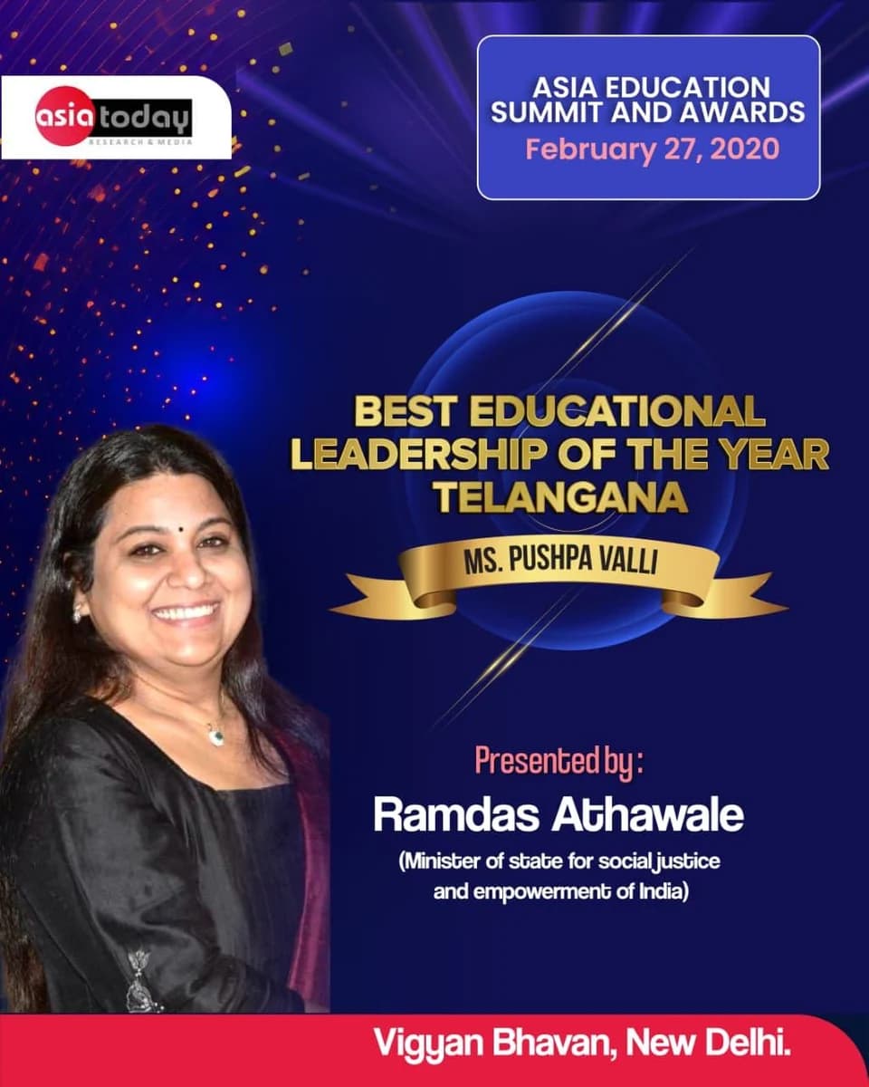 Asia Education Summit announcement recognising Pushpavalli’s educational leadership in 2020.