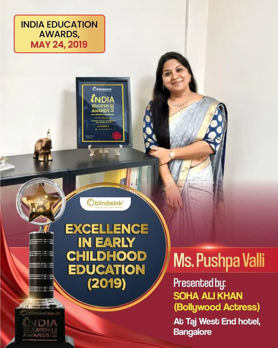 India Education Awards announcement featuring Pushpavalli and her 2019 award.