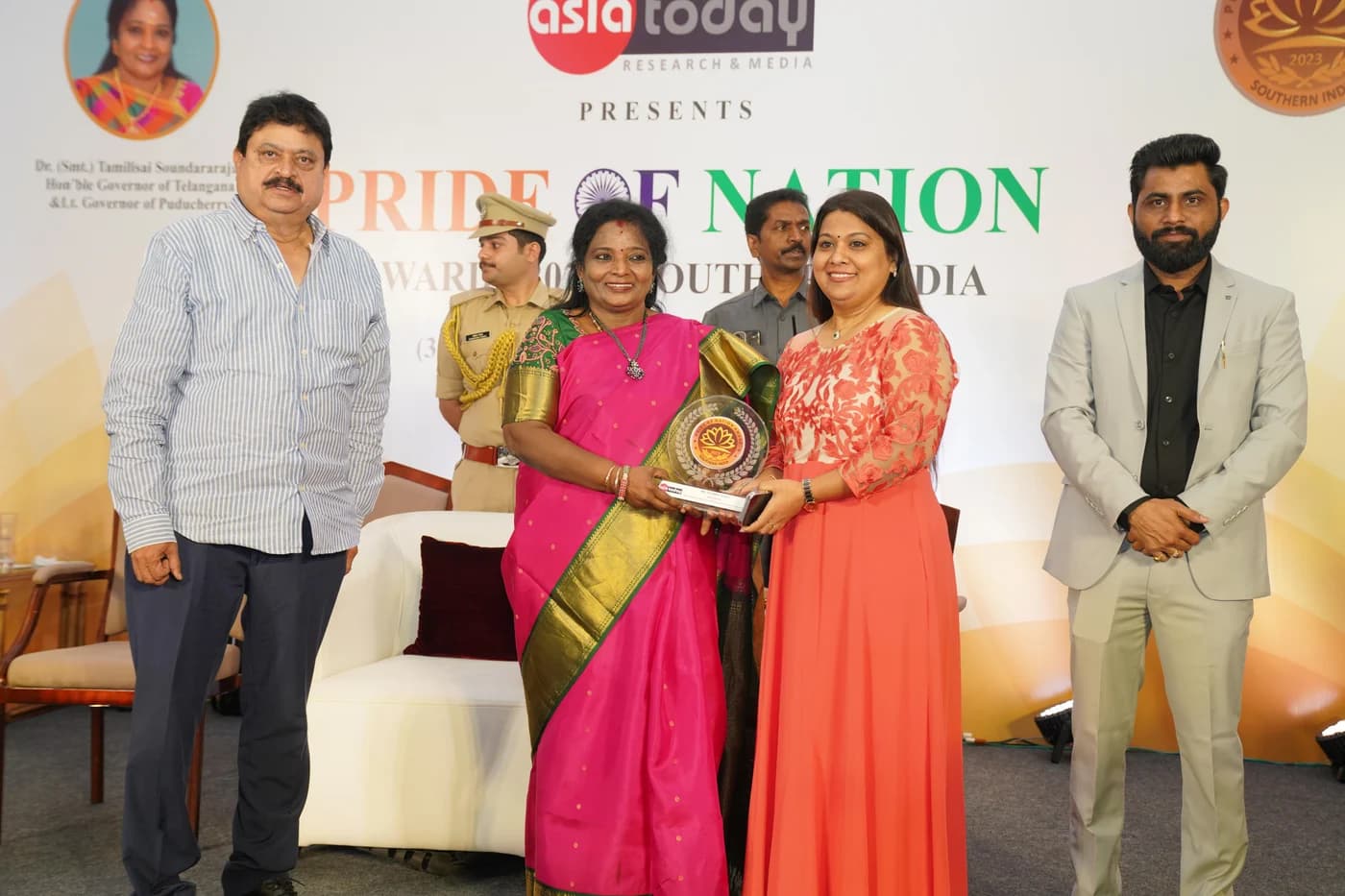 Pushpavalli receiving the Pride of Nation Award in 2023.