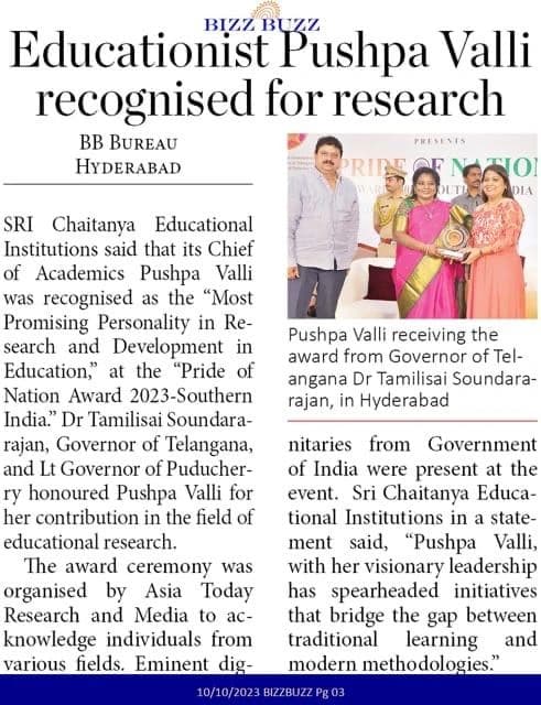 Bizz Buzz clipping reporting Pushpavalli's recognition for educational research.