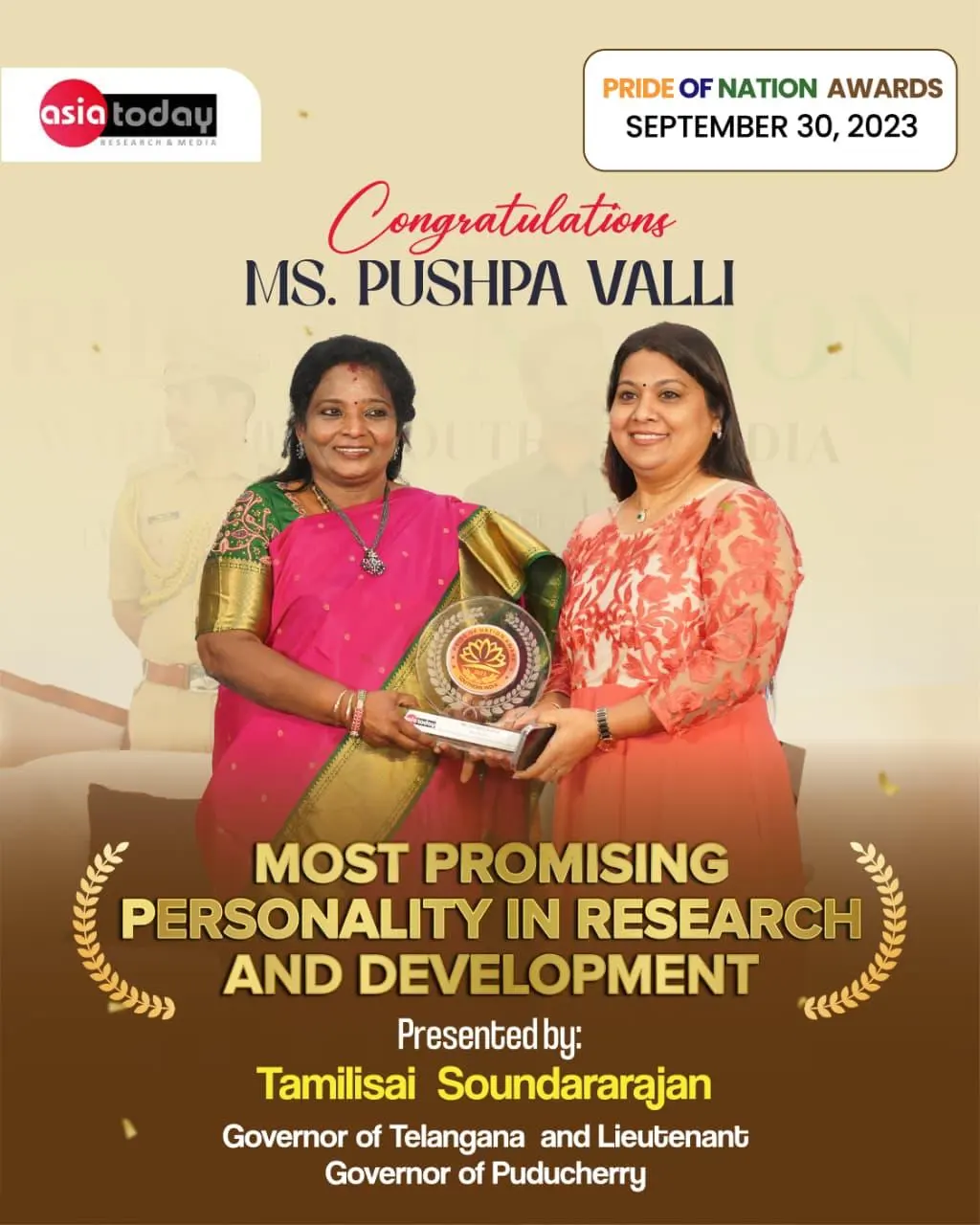 Asia Today Pride of Nation Awards, 2023: Pushpavalli receiving the Most Promising Personality in Research and Development award from Tamilisai Soundararajan.